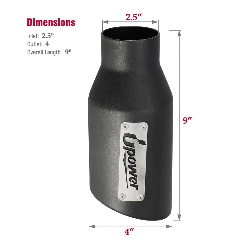 Upower مخرج عادم Upower بقطر 2.5 بوصة مدخل و 4 بوصة مخرج 2.5" إلى 4" نصائح أنبوب العادم بطول 9 بوصات باللون الأسود بسماكة 1.2 مم من الفولاذ المقاوم للصدأ بمدخل 2 1/2 نهاية مدورة (عبوة من 2)  - Image 5